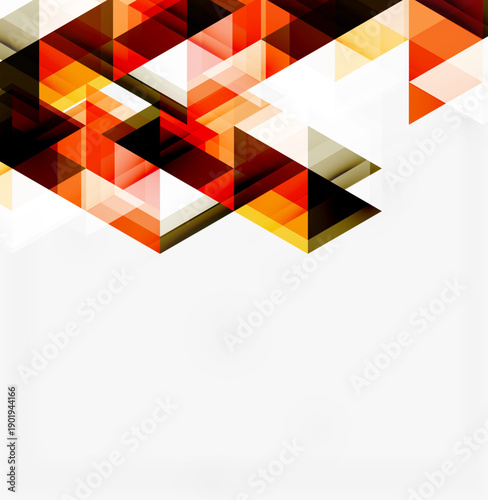 Abstract geometric design. Triangles overlap, creating dynamic visual texture. Warm colors dominate upper portion, contrasting white space below.