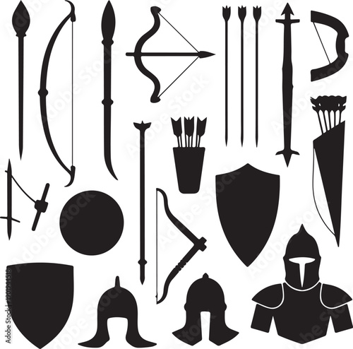 Medieval weapons and armor icons set including bows and arrows