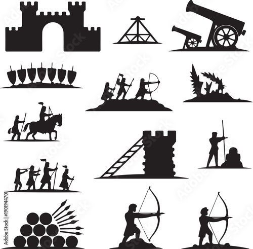 medieval warfare silhouettes  various scenes and objects