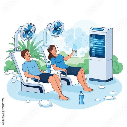 Couple relaxing outdoors with fans and air cooler on a hot day.