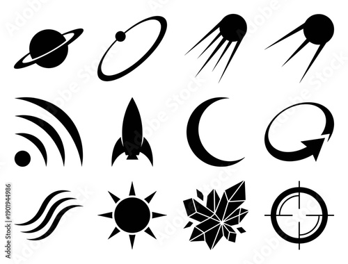 Minimalist Space Exploration Graphic Set for Sci-Fi Interface Design and Educational Astronomy Media
