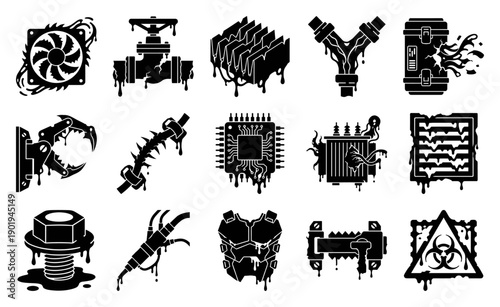 Grungy Silhouette Corroded Industrial Hardware and Biotech Hazard Element Kit for Sci-Fi Horror Gaming
