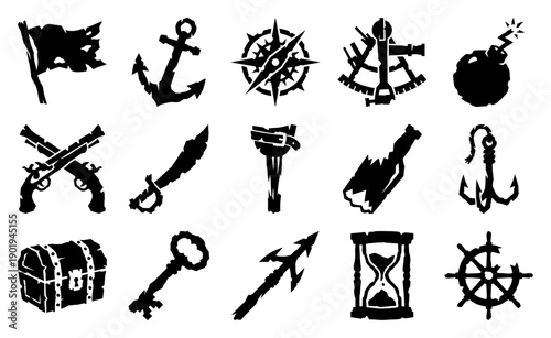 Rugged Woodcut Pirate Nautical Asset Sheet for Adventure Gaming and Maritime Branding