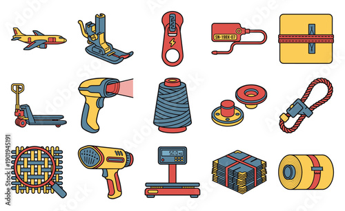 Isometric Textile Manufacturing and Apparel Logistics Element Kit for Garment Industry Supply Chain Management