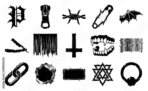 Distressed Grunge Underground Elements Graphic Set for Edgy Streetwear and Cyberpunk Design