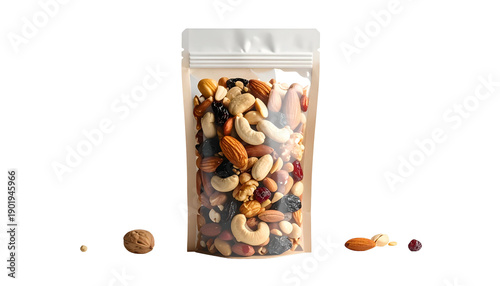 Transparent pouch of trail mix against black background, nuts and dried fruit, with loose ingredients