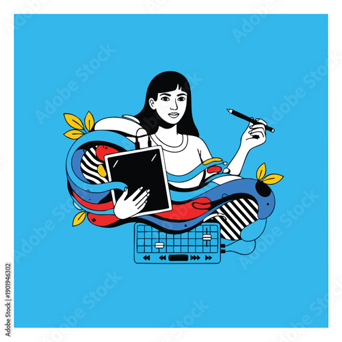 Creative Woman Illustrates Digitally with Tablet and Stylus.
