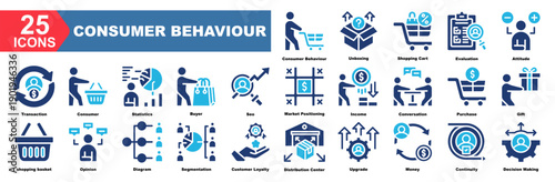 Consumer Behaviour icon collection set.Unboxing,Shopping Cart,Evaluation,Attitude,Transaction,Consumer,Statistics.Simple vector illustration.