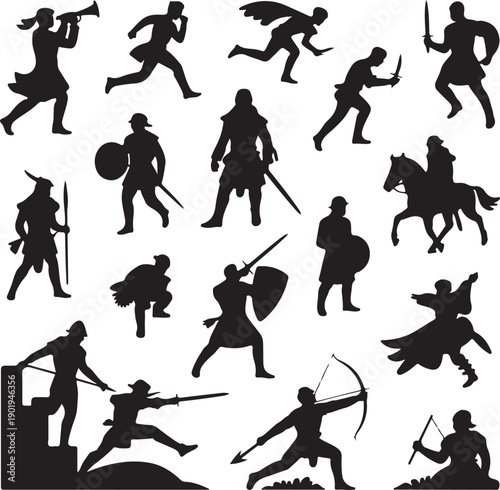 Silhouettes of warriors and soldiers in various combat poses and actions