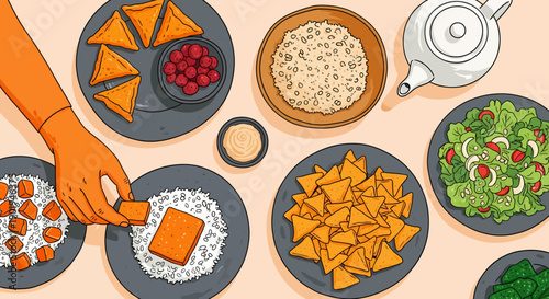 Overhead View of a Diverse Meal Spread with Hand Placing Food