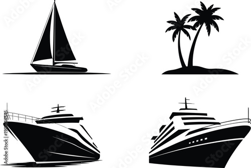 Simple graphic icons depicting various types of watercraft and tropical island landscapes