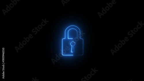 Safety, security, privacy, password icon. bright neon cyan color animation lock icon protection safety security privacy password closed animation sign symbol on black background.