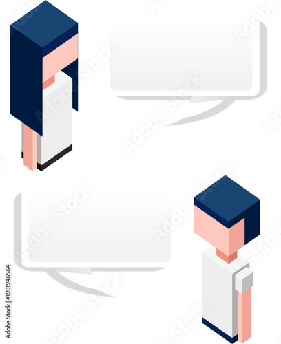 吹き出しで意見を伝えるボクセル風ビジネス人物イラスト　会話・相談・説明シーンに使える等角立体デザイン素材