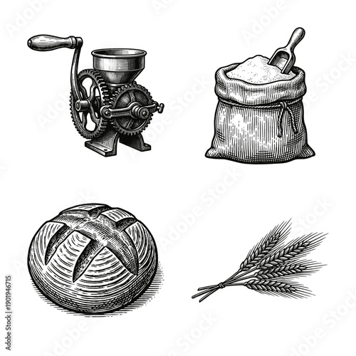 Set of four vintage woodcut illustrations featuring a hand-cranked grain mill, a sack of flour with scoop, a rustic loaf of bread, and wheat stalks.