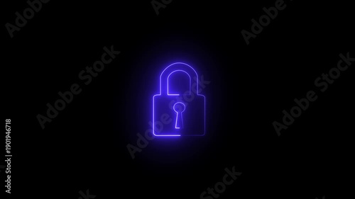Safety, security, privacy, password icon. bright neon cyan color animation lock icon protection safety security privacy password closed animation sign symbol on black background.