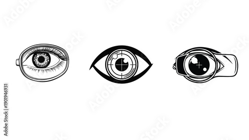 Ophthalmic Eye Icons Representing Vision Screening Diagnostic Assessment and Ocular Care Vector Illustration