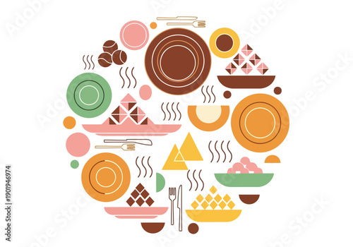 Creative food design background with various dishes and elements forming circular pattern