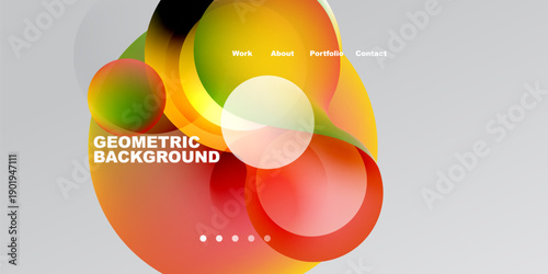 Abstract design features vibrant overlapping shapes, gradients. Text includes geometric background, navigation options present. Minimalist style.