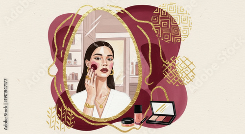 llustration of a woman selecting a blush shade in front of a mirror in a luxury makeup store, Woman selecting shade in makeup store