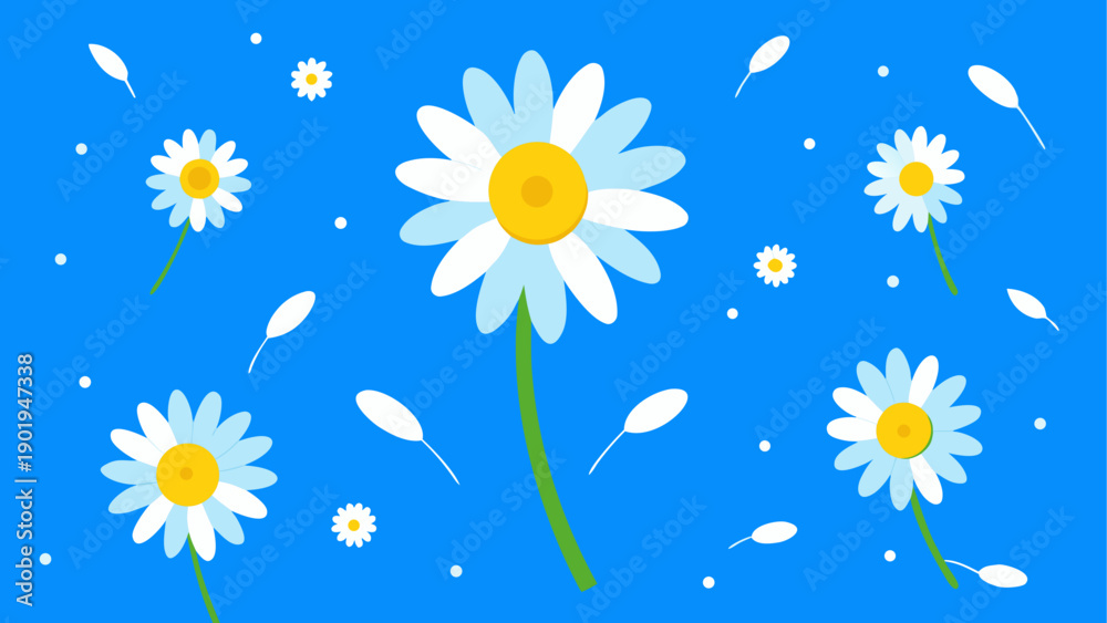 Obraz premium Daisies and petals on a blue background