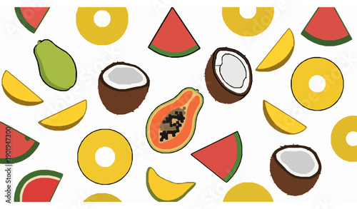Tropical fruit slices seamless pattern vector playful summer background isolated on transparent background