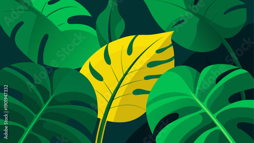Tropical leaves with a yellow monstera leaf