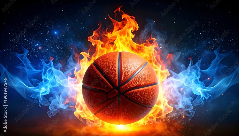 Fototapeta premium A basketball surrounded by vibrant flames and blue flames, set against a dramatic cosmic backdrop