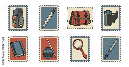Vintage Hand Drawn Creative Tools Postage Stamp Set for Journaling and Artistic Stationery Assets