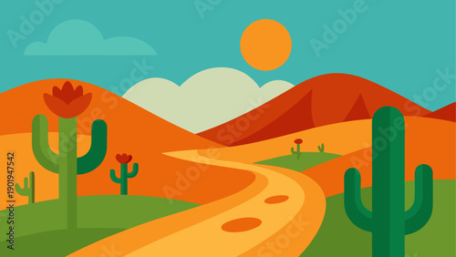 Desert landscape with cactus and orange sun