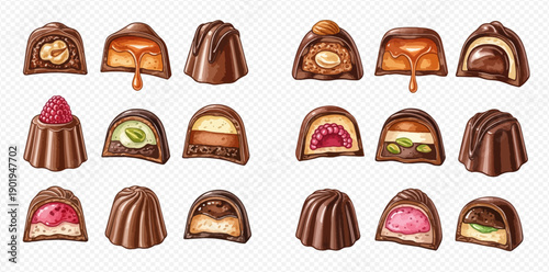 Assortment of gourmet chocolate candies with various fillings, including caramel, nuts, and fruit, on a transparent background.