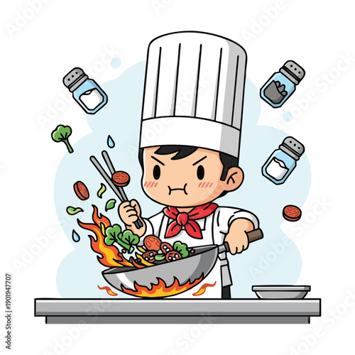 Cute cartoon chef cooking stirfry in a wok with flames.