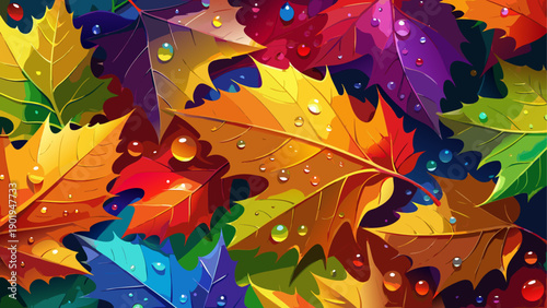 Colorful autumn leaves with water droplets