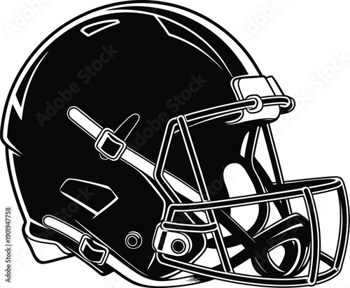 Side view of a black American football helmet with white outlines and facemask