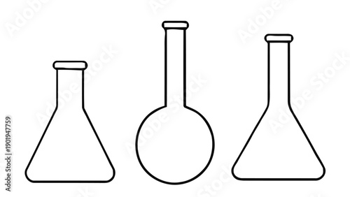 Set of Laboratory Flasks and Beakers Line Art Illustration for Chemical Analysis, Pharmaceutical R&D Diagrams and Educational Science Materials