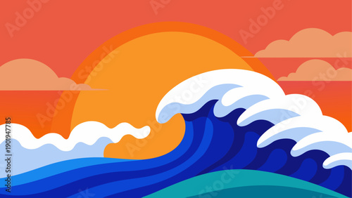 Ocean wave at sunset with clouds graphic