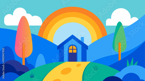 Illustration of a house with rainbow view