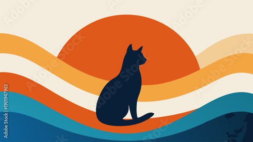 Silhouette cat sitting before sunset waves