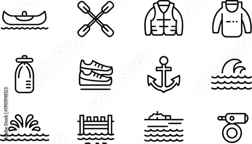 Water sports equipment icons featuring boat oars life vest anchor and ocean wave elements