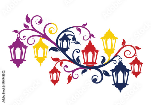 Elegant floral vine with colorful hanging lanterns for ramadan celebration vector graphics