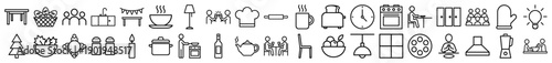 Kitchen and dining line icon set. Vector pictograms of table, bread, stove, chef, toaster, blender, fruit, salad, oven, teapot, and sink, thin outline illustration.