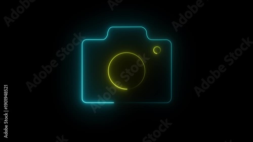 glowing neon camera icon isolated , recording, and film themes. Social media video camera icon for app. camera frame pictogram photograph animated