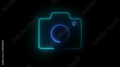 glowing neon camera icon isolated , recording, and film themes. Social media video camera icon for app. camera frame pictogram photograph animated