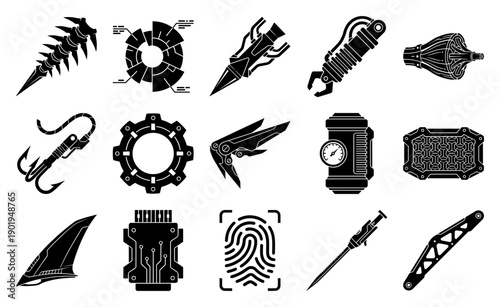 Cyberpunk Mechanical Hardware and Futuristic Component Element Kit for Sci-Fi User Interface Design