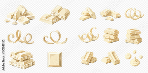 Set of white chocolate pieces, bars, curls, and shavings for confectionery and dessert decoration.