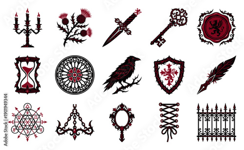 Gothic Woodcut Dark Academia Elements Graphic Set for Fantasy Mystery Storytelling and Branding