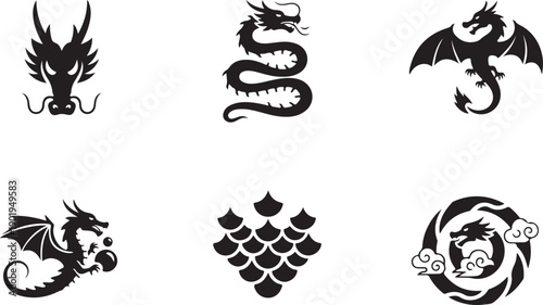 A collection of intricate and stylized mythical creature designs