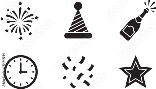 Celebration symbols including a clock, star, fireworks, party hat, and champagne bottle