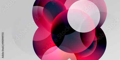Abstract composition. Overlapping circles create vibrant color gradients. Dark background emphasizes luminous shapes, modern design.