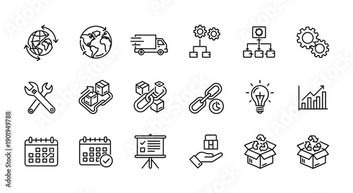 Collection of various black and white line icons representing business and technology