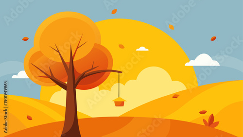 Autumn landscape with tree and birdhouse